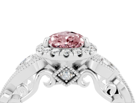 White gold Pear Cut Morganite Halo Ring with Milgrain Pavé Band and Four-Prong Setting_16