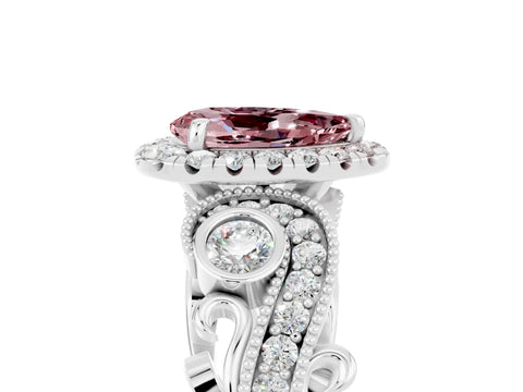 White gold Pear Cut Morganite Halo Ring with Milgrain Pavé Band and Four-Prong Setting_17