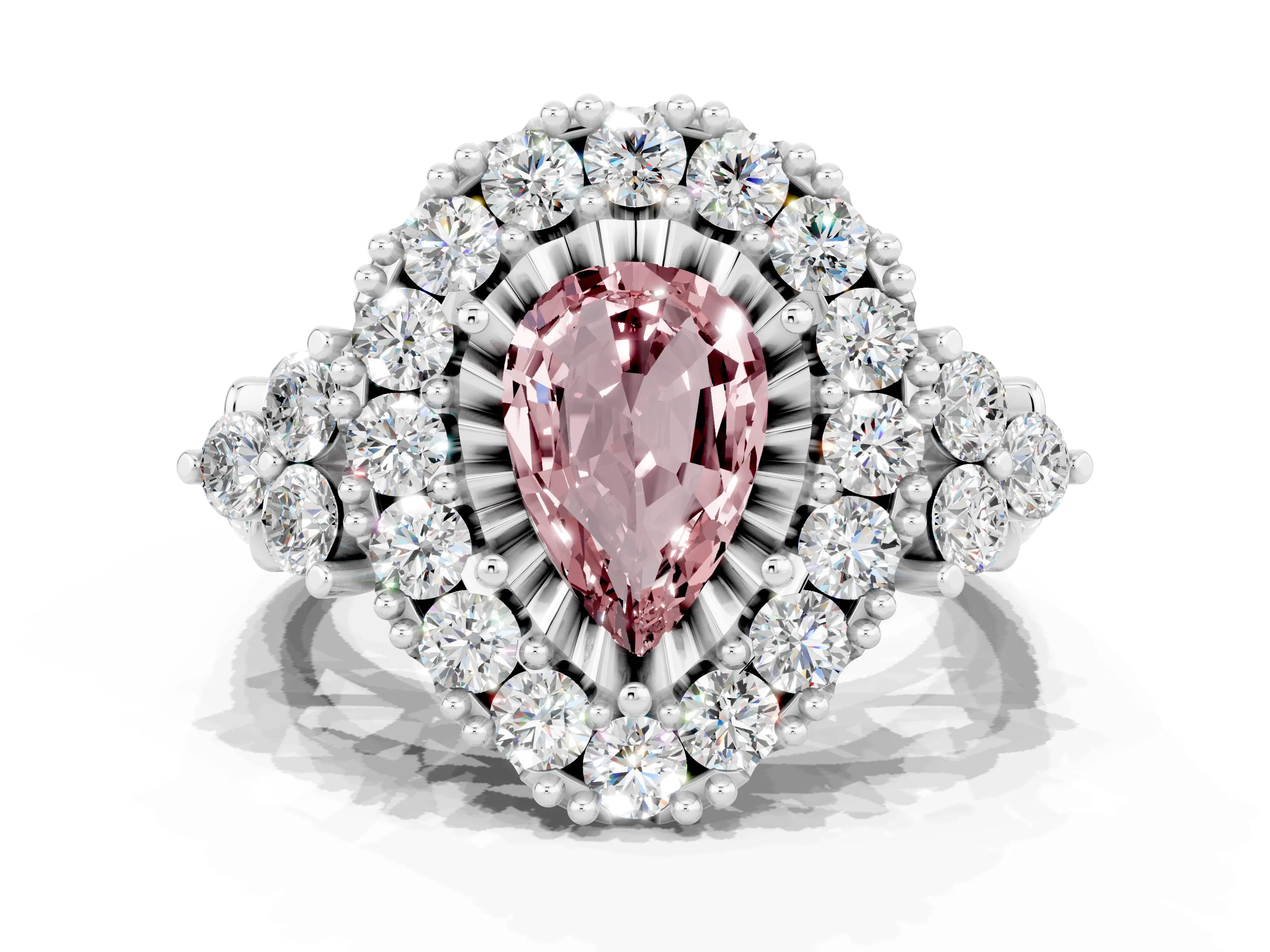 White gold Pear Cut Morganite Halo Ring with Pavé Band and Four-Prong Setting_12