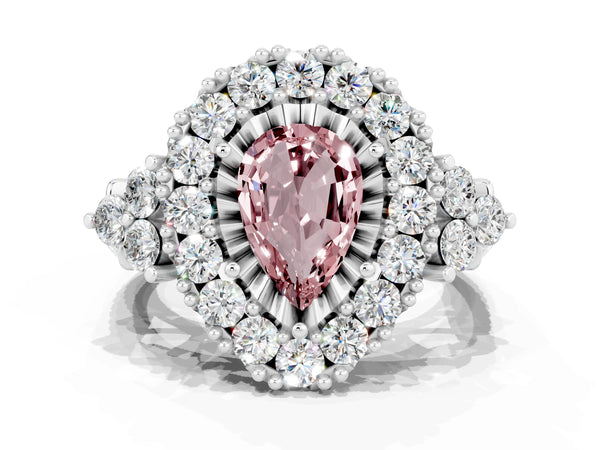 Silver Pear Cut Morganite Halo Ring with Pavé Band and Four-Prong Setting