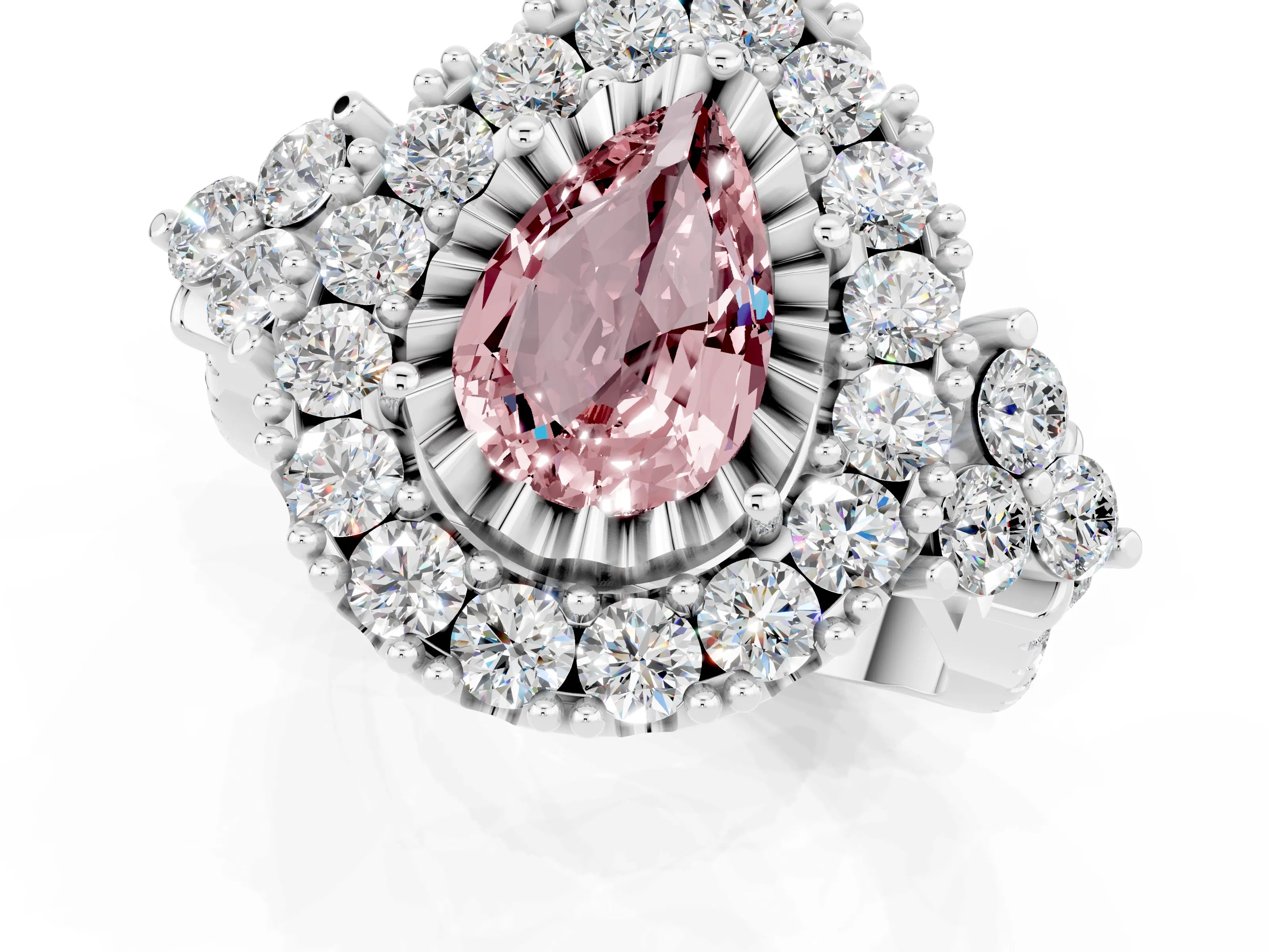 White gold Pear Cut Morganite Halo Ring with Pavé Band and Four-Prong Setting_13