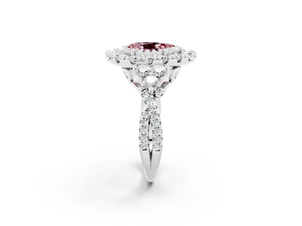 White gold Pear Cut Morganite Halo Ring with Pavé Band and Four-Prong Setting