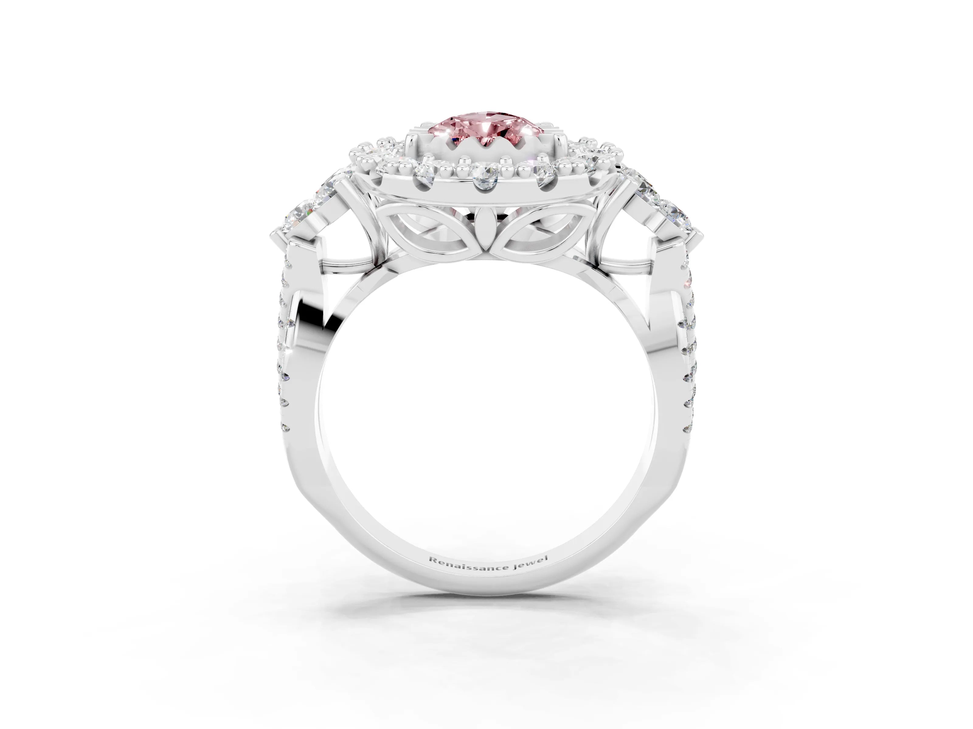 White gold Pear Cut Morganite Halo Ring with Pavé Band and Four-Prong Setting_15