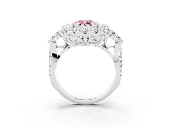 Silver Pear Cut Morganite Halo Ring with Pavé Band and Four-Prong Setting