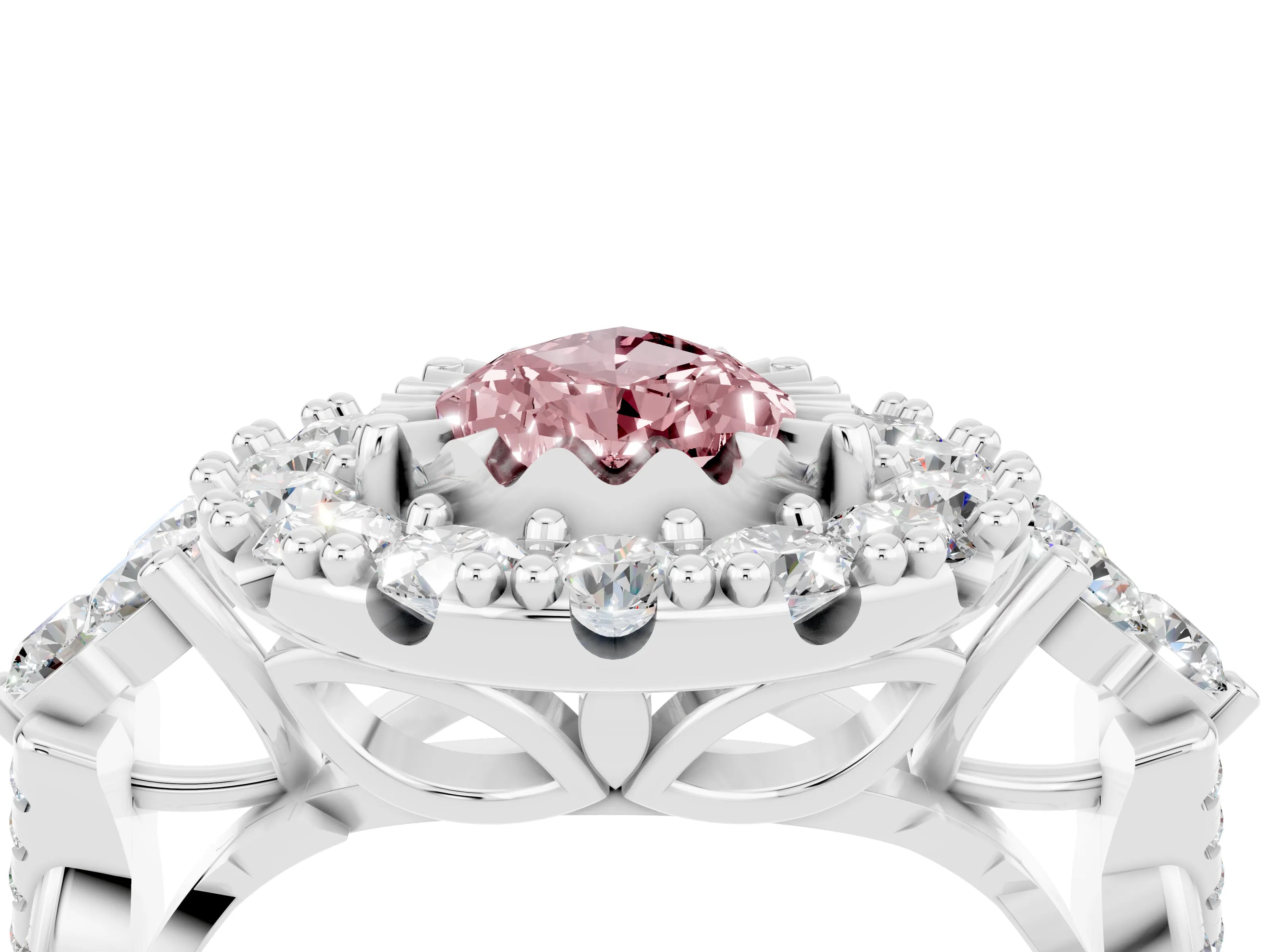 White gold Pear Cut Morganite Halo Ring with Pavé Band and Four-Prong Setting_16