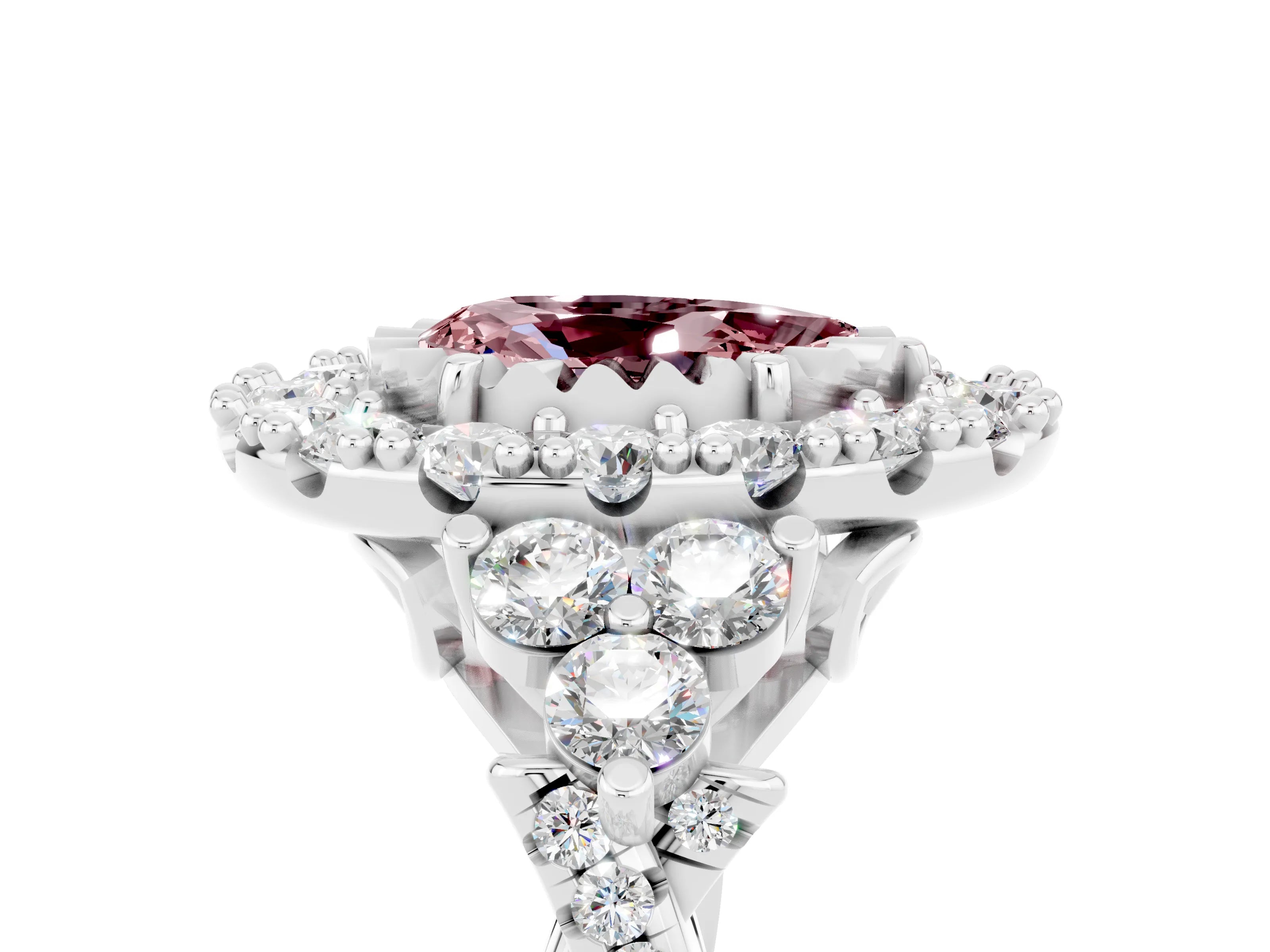 White gold Pear Cut Morganite Halo Ring with Pavé Band and Four-Prong Setting_17