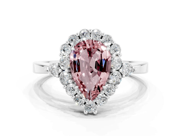 White gold Pear Cut Morganite Halo Ring with Pear Side Stones and Prong Setting