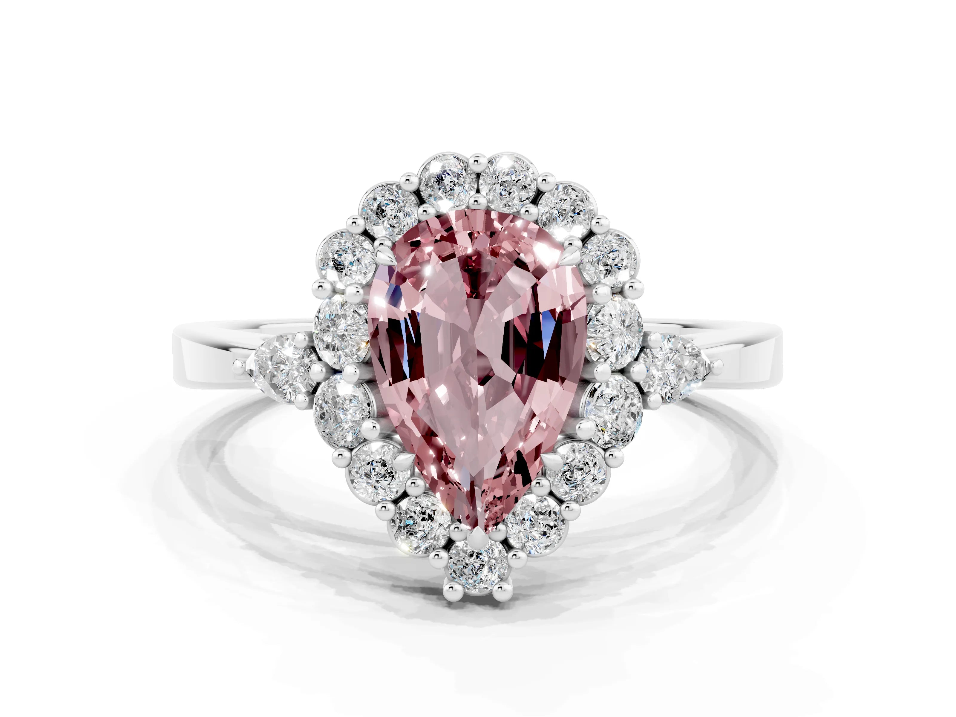 White gold Pear Cut Morganite Halo Ring with Pear Side Stones and Prong Setting_43