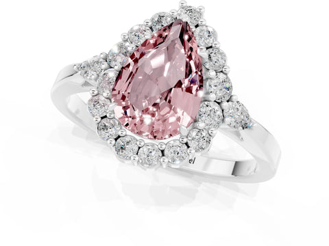 White gold Pear Cut Morganite Halo Ring with Pear Side Stones and Prong Setting_43