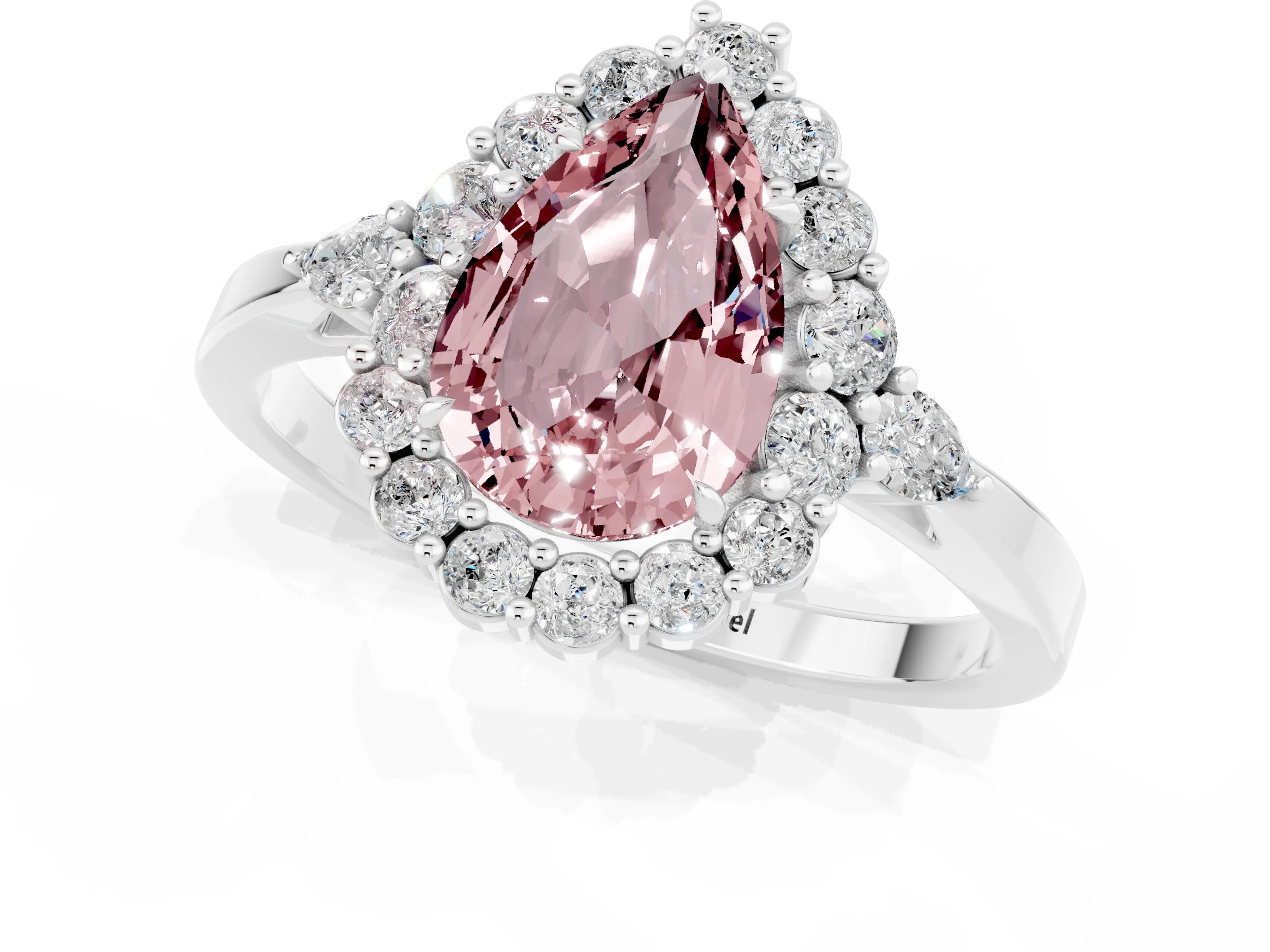 White gold Pear Cut Morganite Halo Ring with Pear Side Stones and Prong Setting_49