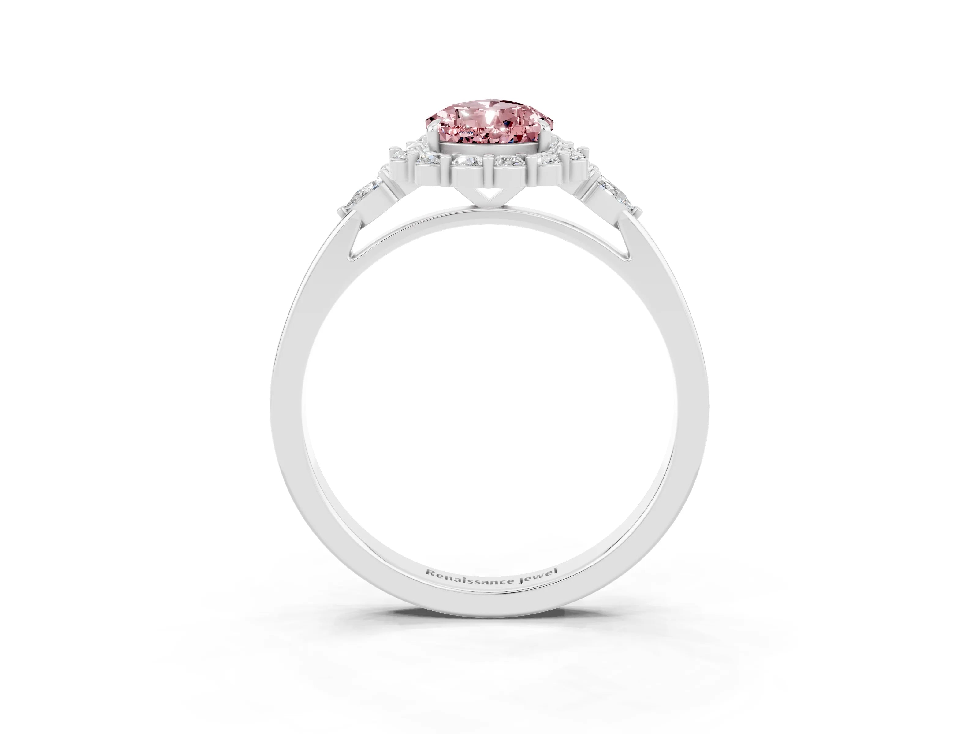 White gold Pear Cut Morganite Halo Ring with Pear Side Stones and Prong Setting_51