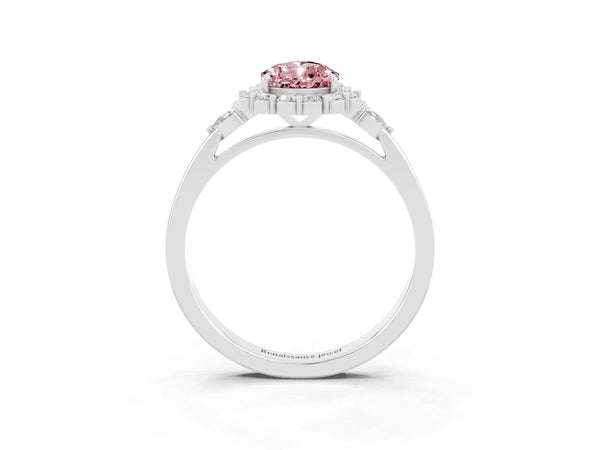 Platinum Pear Cut Morganite Halo Ring with Pear Side Stones and Prong Setting