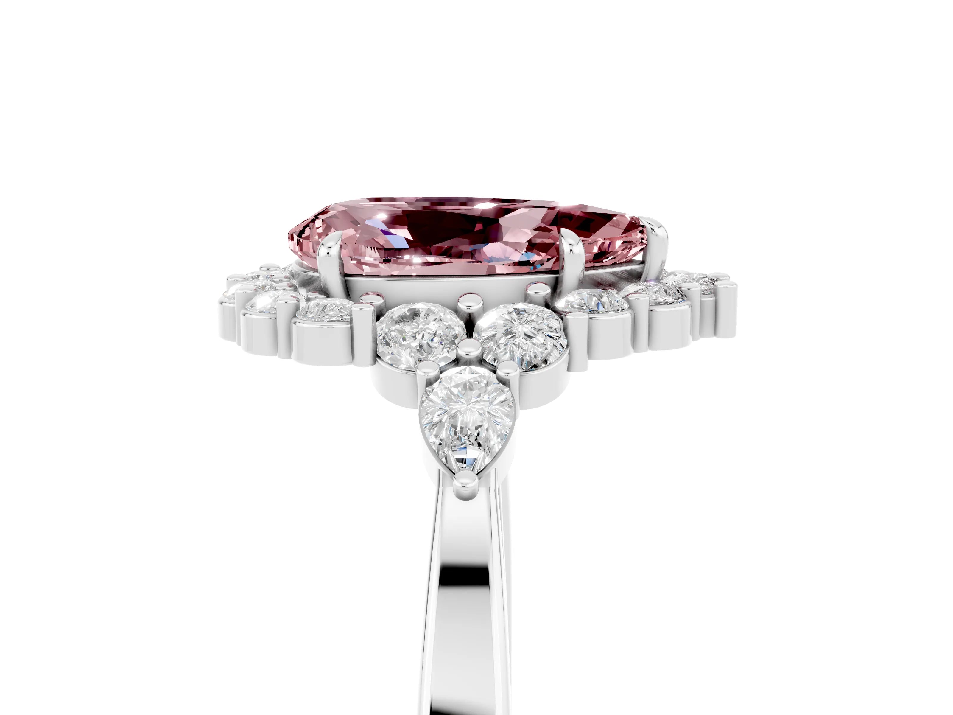 White gold Pear Cut Morganite Halo Ring with Pear Side Stones and Prong Setting_53