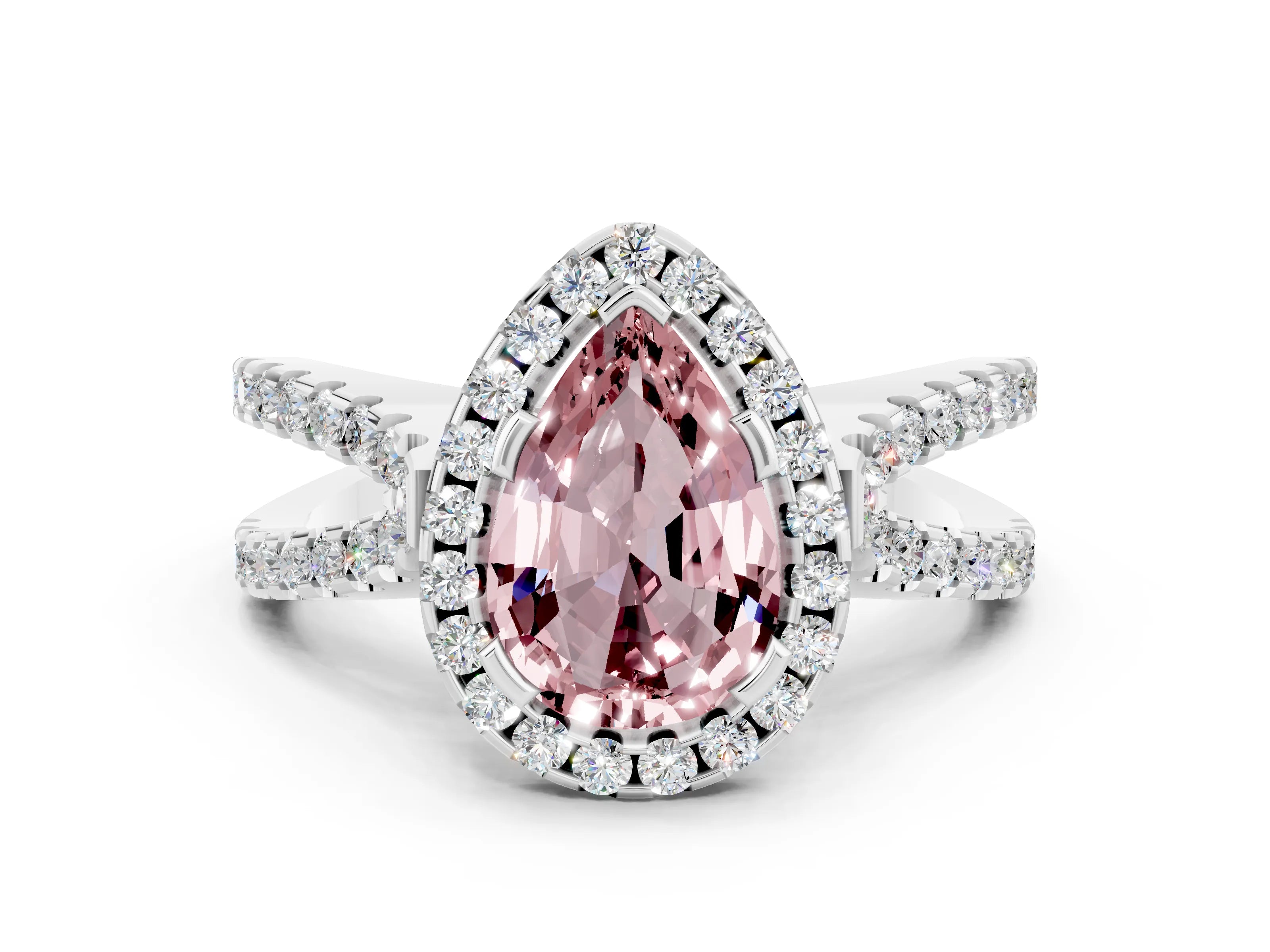 White gold Pear Cut Morganite Halo Ring with Split Shank Pavé Band and Prong Setting