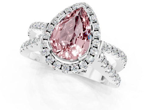 White gold Pear Cut Morganite Halo Ring with Split Shank Pavé Band and Prong Setting_1
