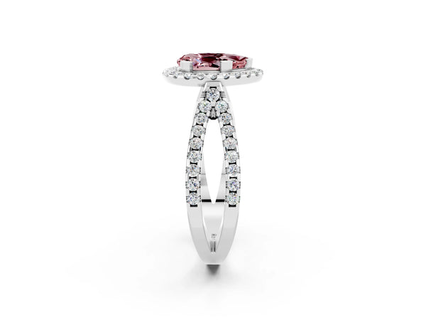 White gold Pear Cut Morganite Halo Ring with Split Shank Pavé Band and Prong Setting