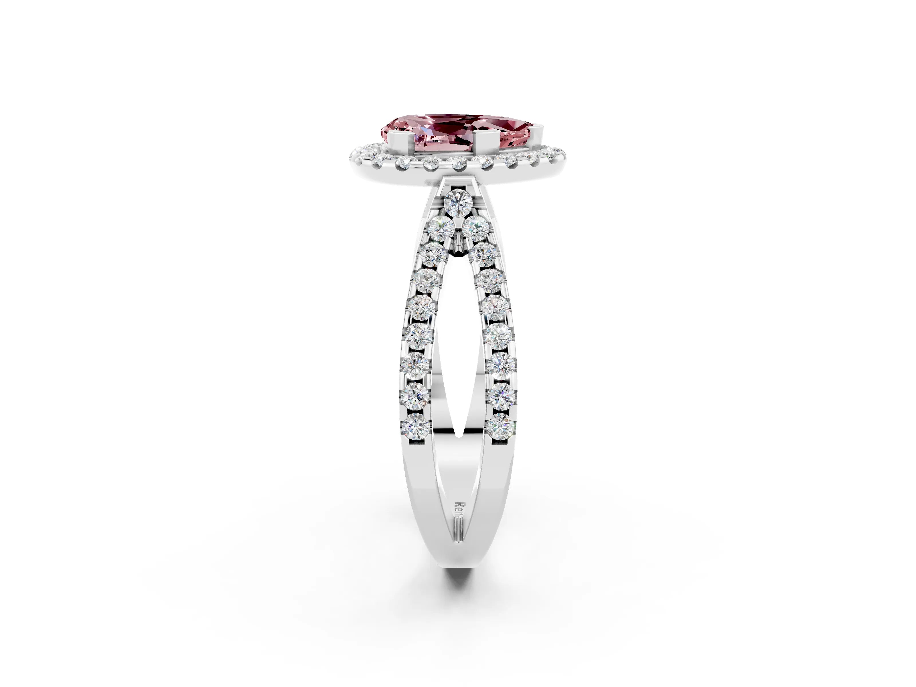 White gold Pear Cut Morganite Halo Ring with Split Shank Pavé Band and Prong Setting_2