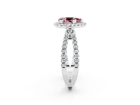 White gold Pear Cut Morganite Halo Ring with Split Shank Pavé Band and Prong Setting_2