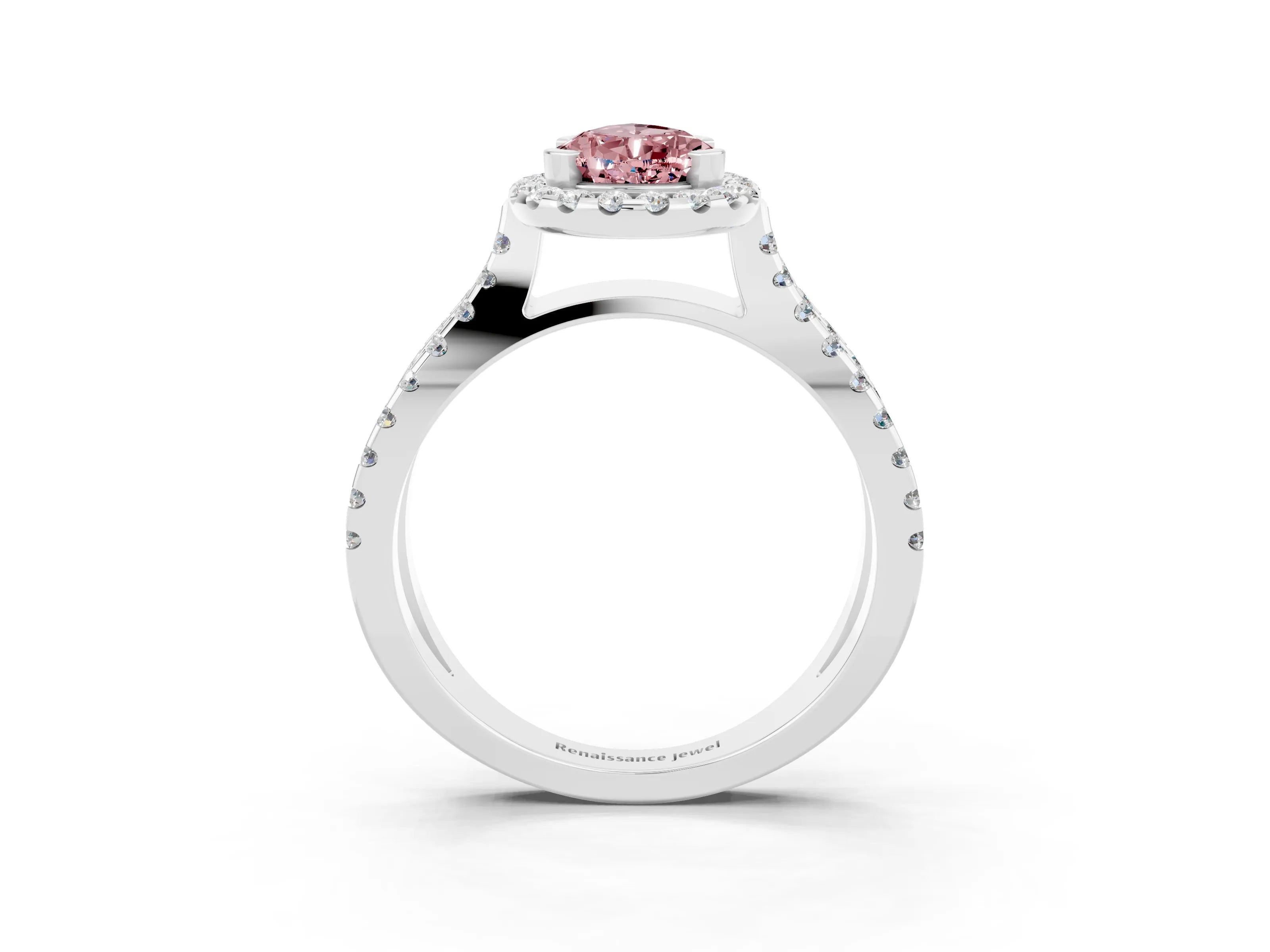 White gold Pear Cut Morganite Halo Ring with Split Shank Pavé Band and Prong Setting_3