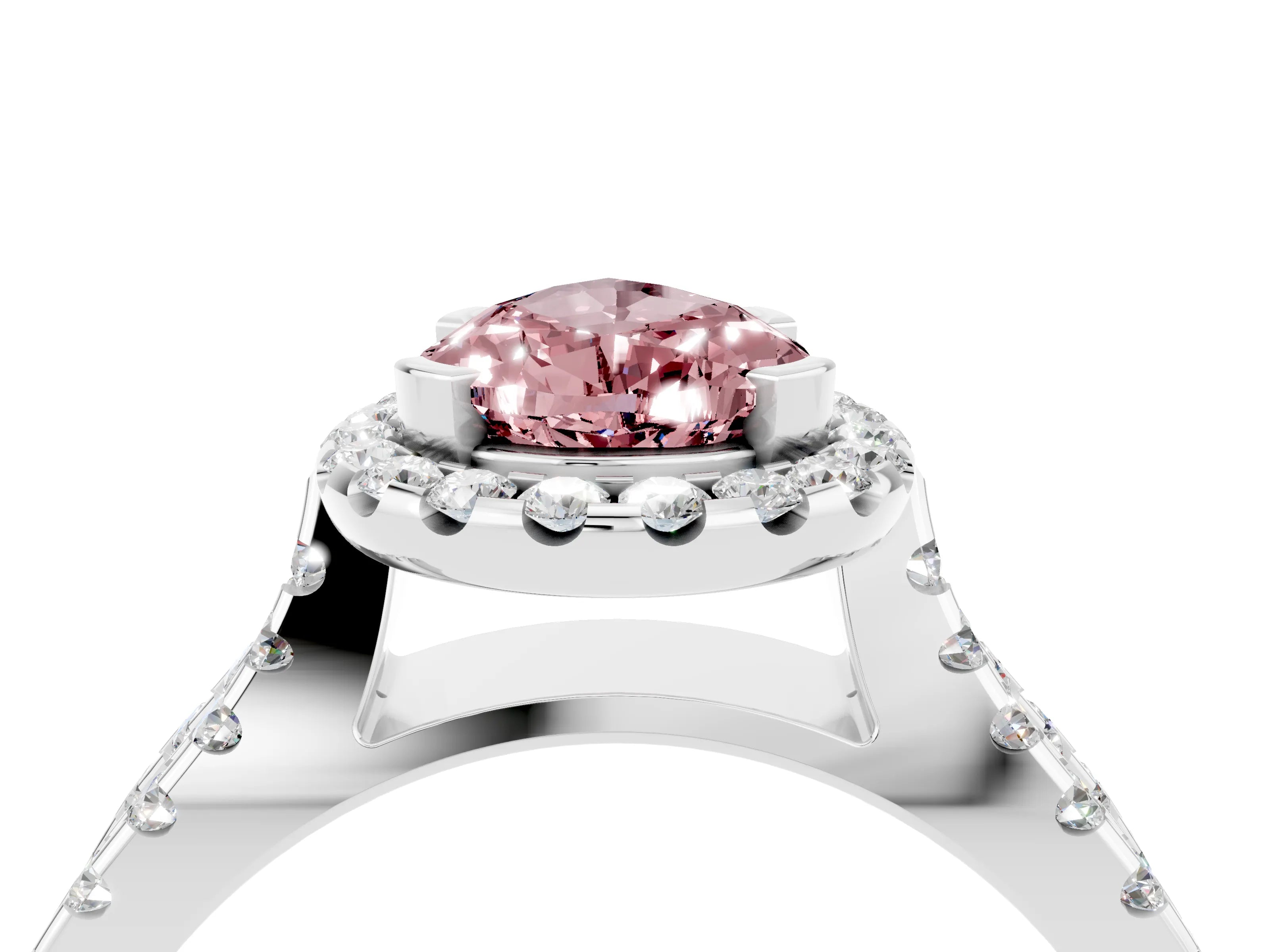 White gold Pear Cut Morganite Halo Ring with Split Shank Pavé Band and Prong Setting_4