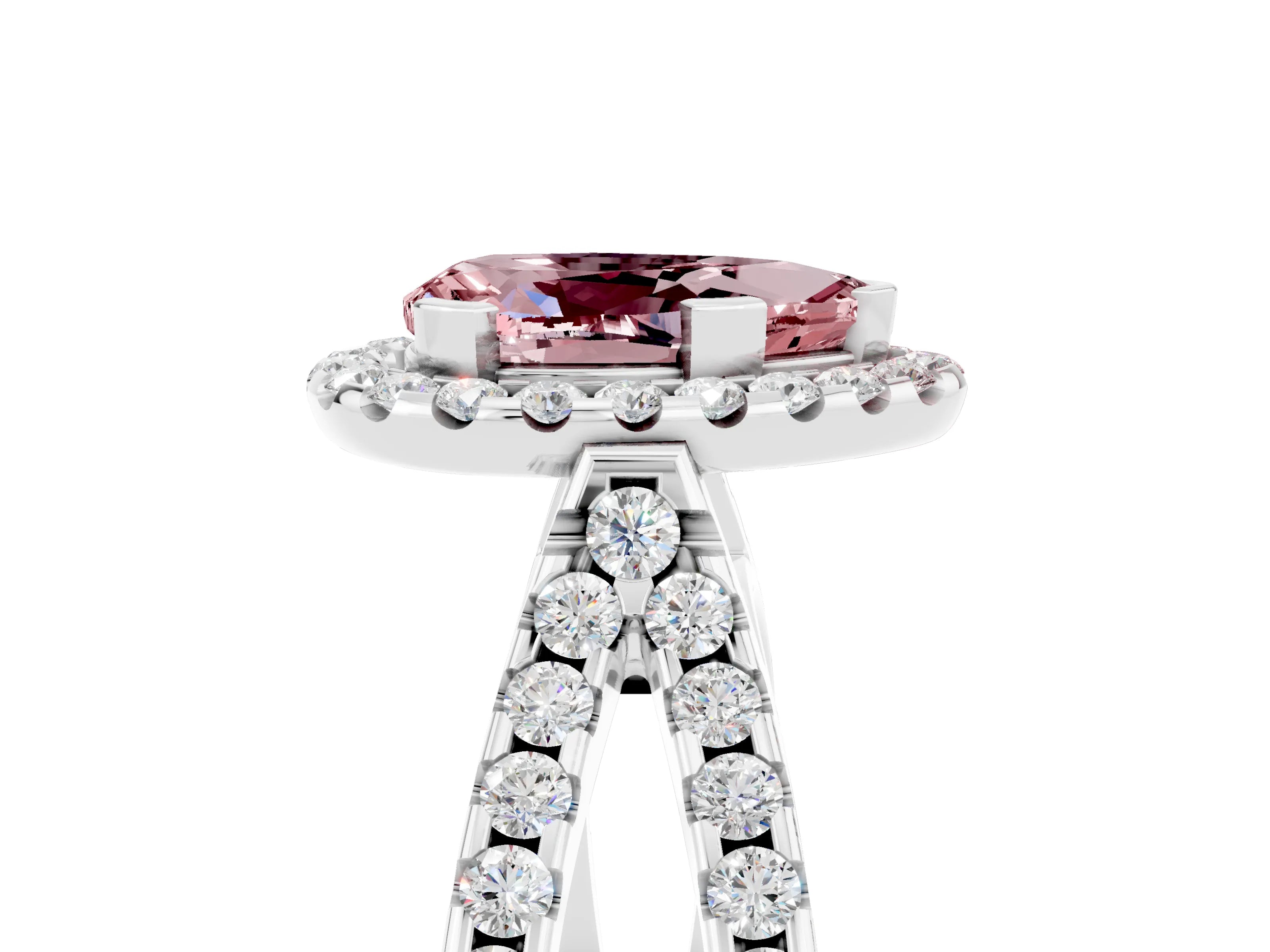 White gold Pear Cut Morganite Halo Ring with Split Shank Pavé Band and Prong Setting_5