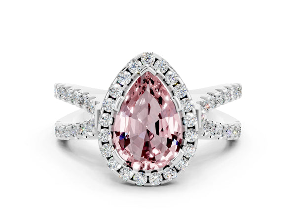 Silver Pear Cut Morganite Halo Ring with Split Shank Pavé Band and Prong Setting