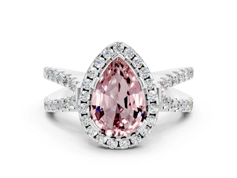 White gold Pear Cut Morganite Halo Ring with Split Shank Pavé Band and Prong Setting