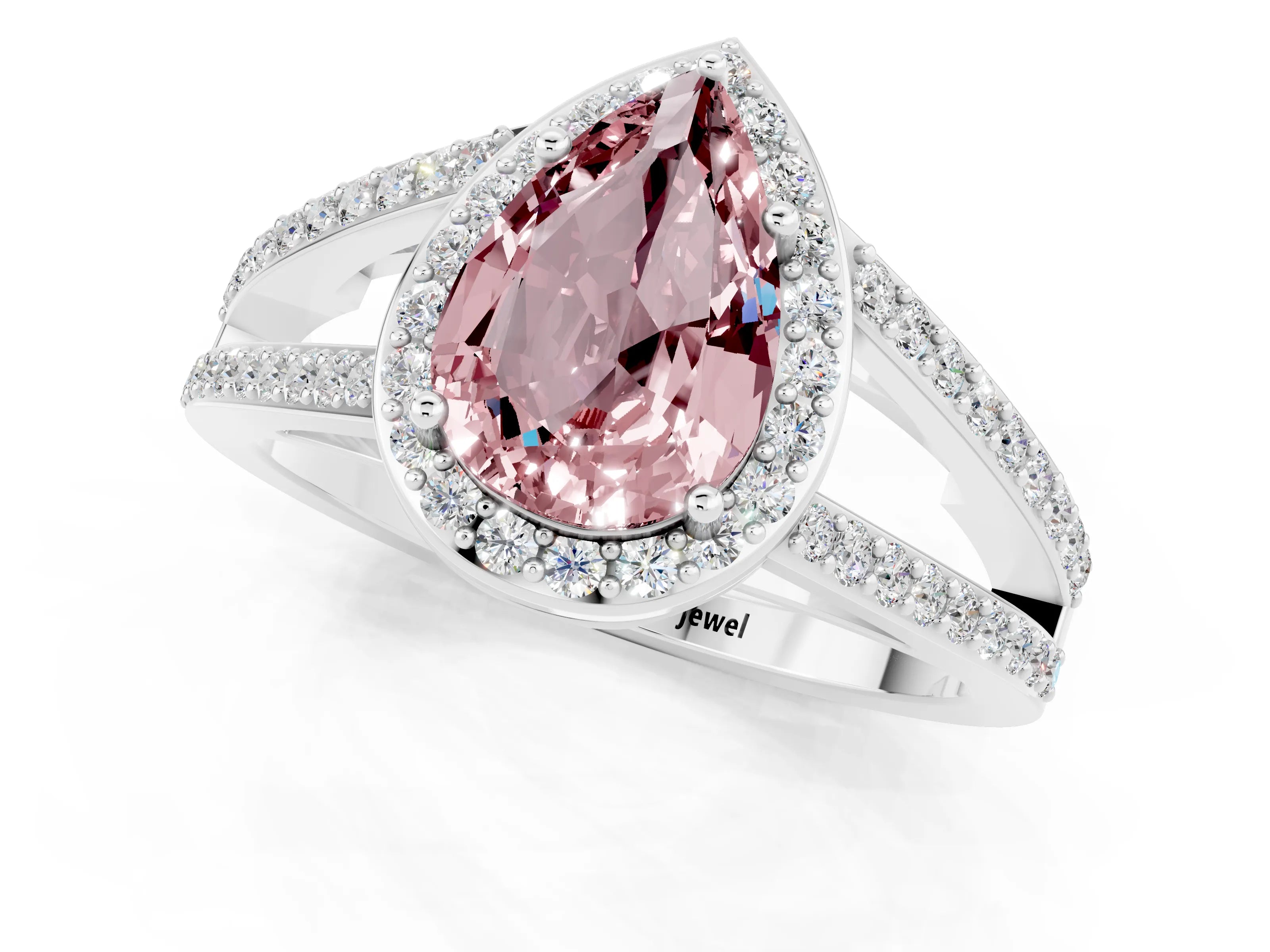 White gold Pear Cut Morganite Halo Ring with Split Shank U-Prong Band and Four-Prong Setting_1