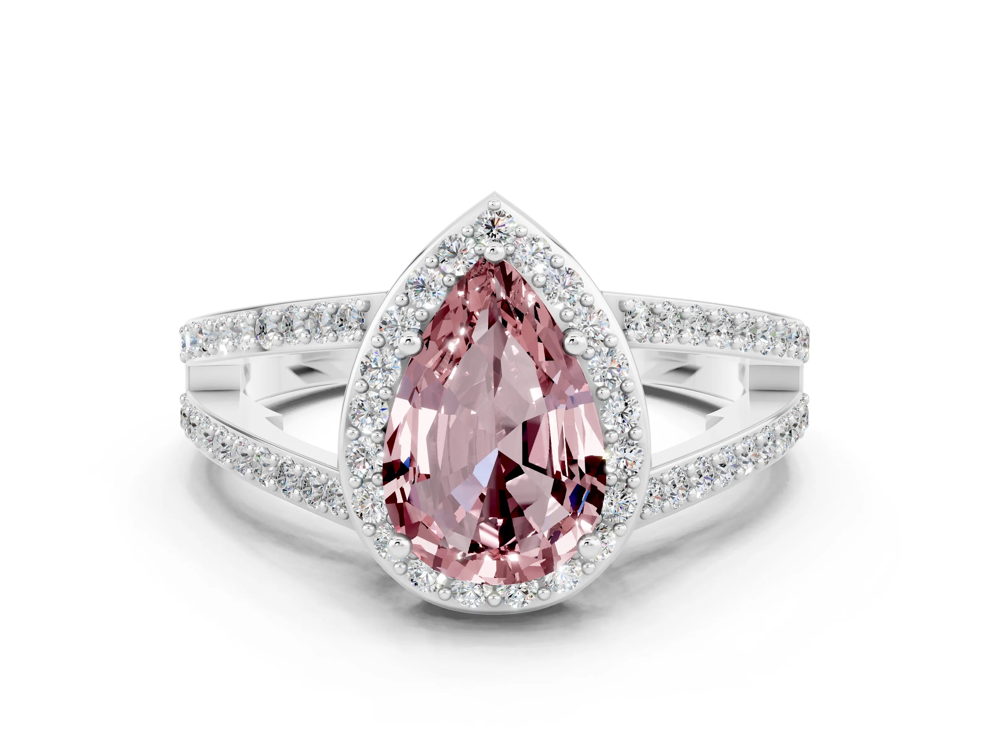 White gold Pear Cut Morganite Halo Ring with Split Shank U-Prong Band and Four-Prong Setting