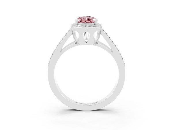 Platinum Pear Cut Morganite Halo Ring with Split Shank U-Prong Band and Four-Prong Setting