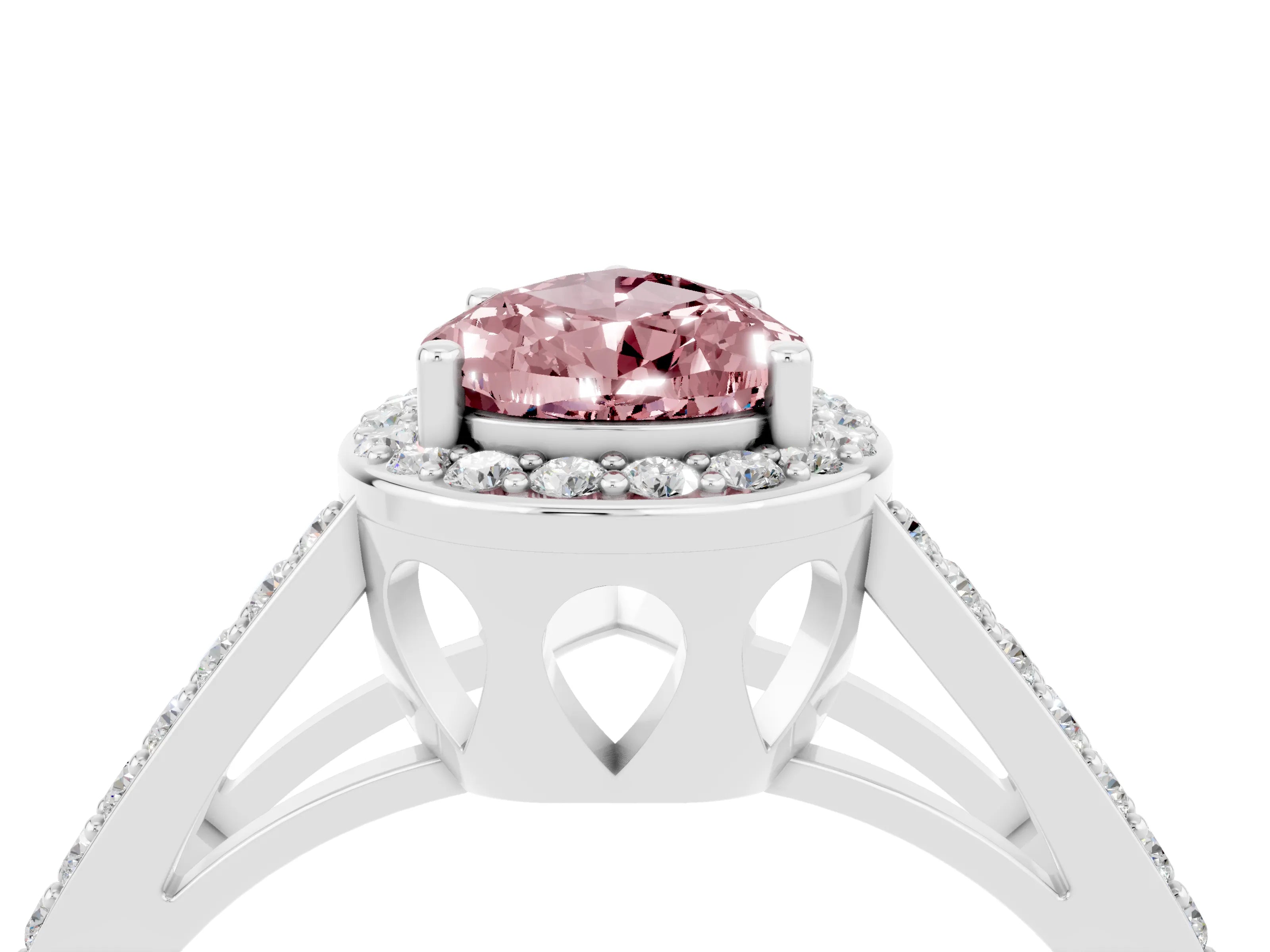 White gold Pear Cut Morganite Halo Ring with Split Shank U-Prong Band and Four-Prong Setting_4