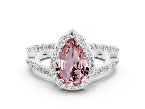 White gold Pear Cut Morganite Halo Ring with Split Shank U-Prong Band and Four-Prong Setting
