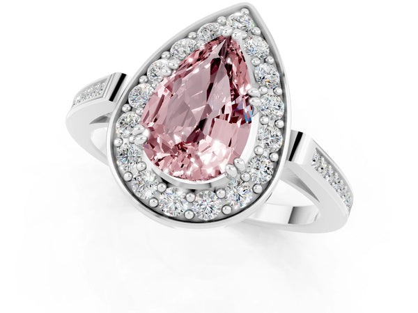 Platinum Pear Cut Morganite Halo Ring with Split Shank and Four-Prong Setting