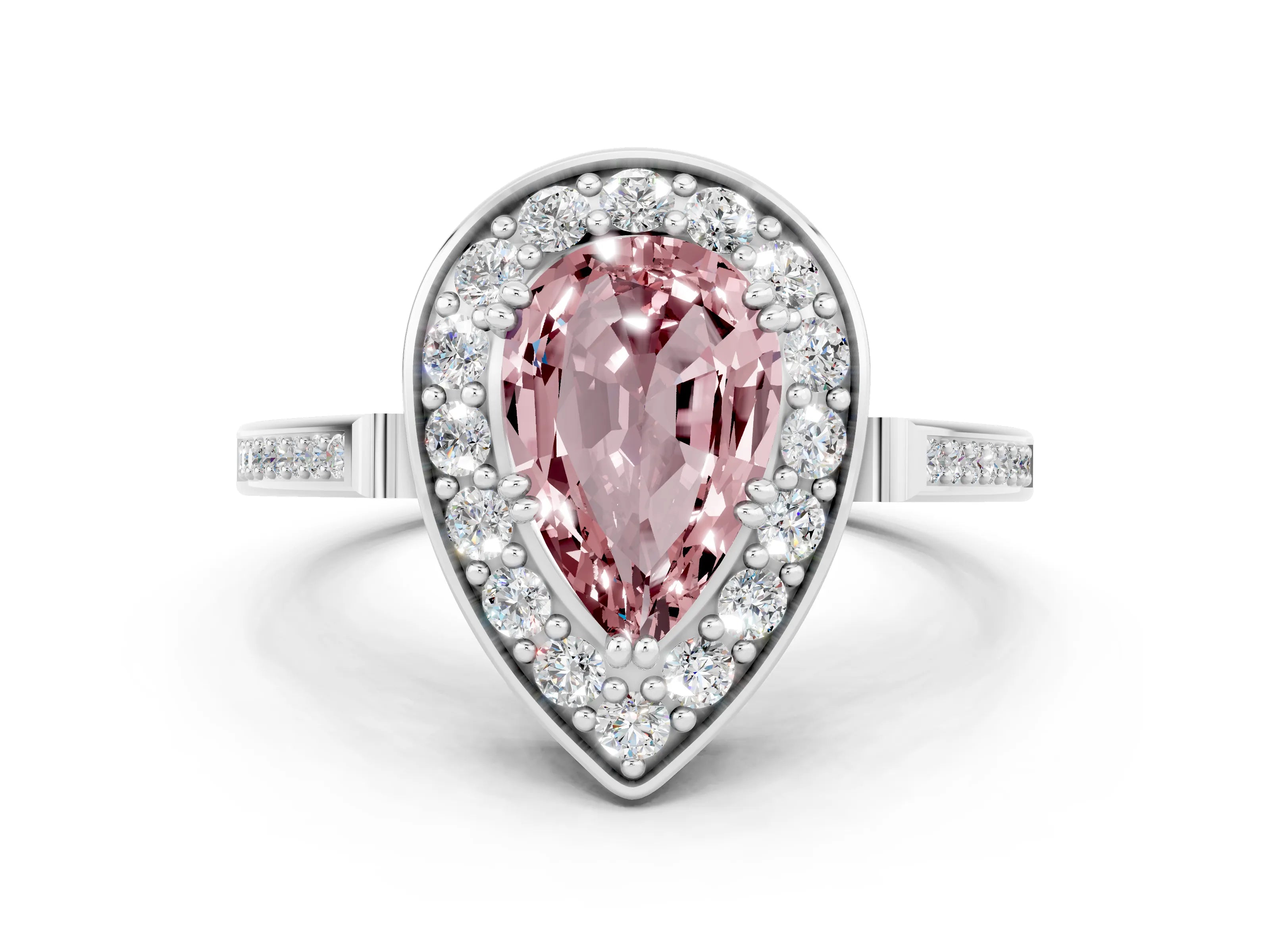 White gold Pear Cut Morganite Halo Ring with Split Shank and Four-Prong Setting_12