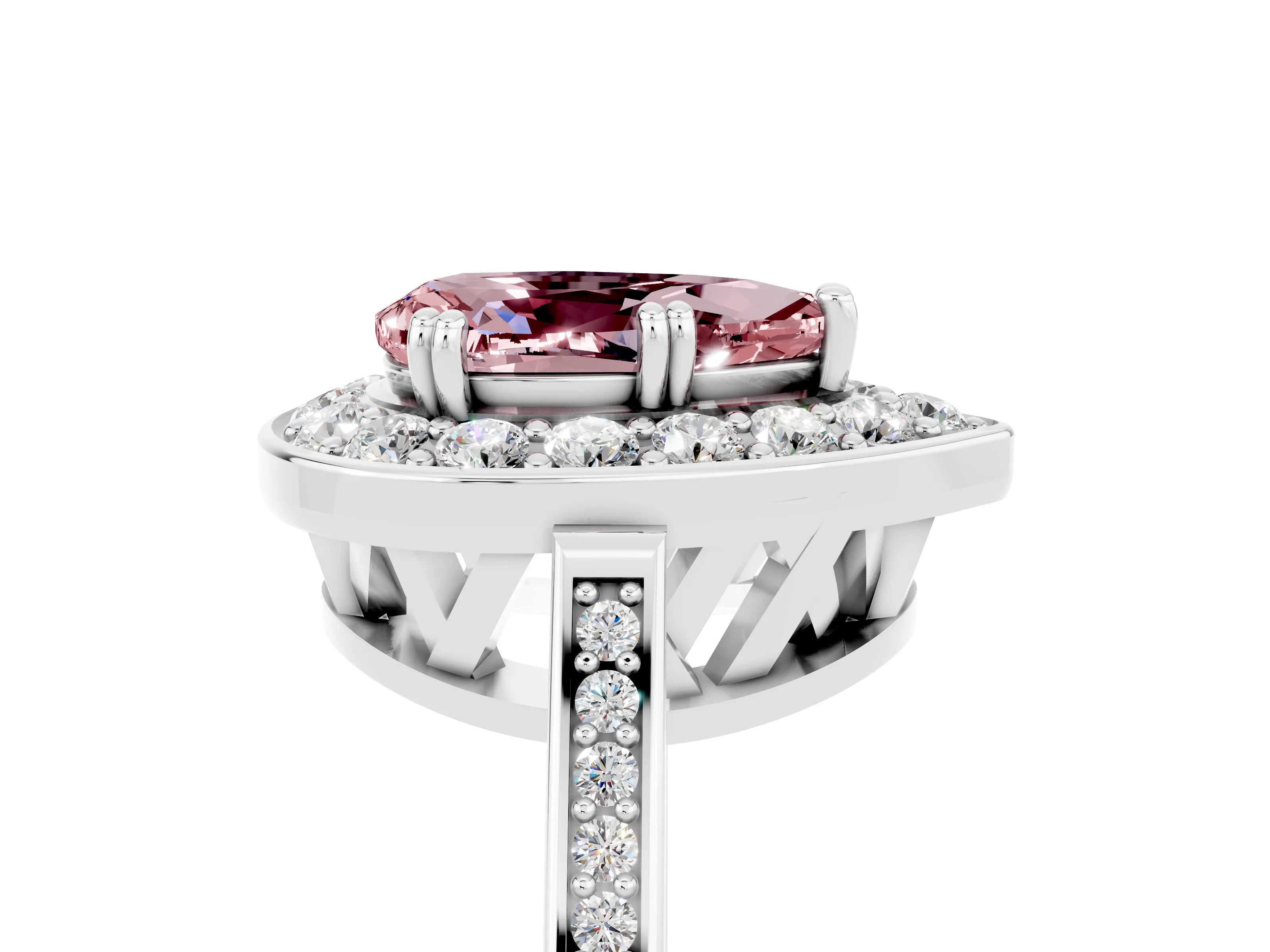 White gold Pear Cut Morganite Halo Ring with Split Shank and Four-Prong Setting_17