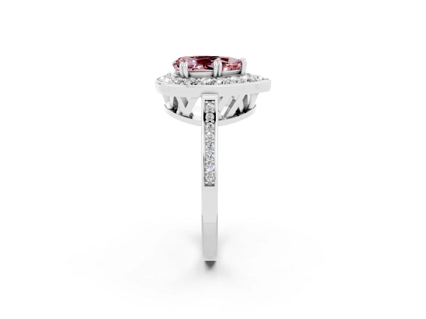 Platinum Pear Cut Morganite Halo Ring with Split Shank and Four-Prong Setting