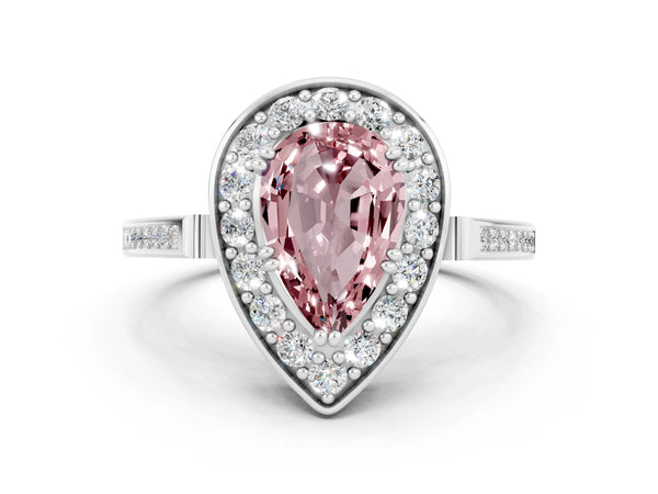 Silver Pear Cut Morganite Halo Ring with Split Shank and Four-Prong Setting