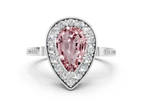 White gold Pear Cut Morganite Halo Ring with Split Shank and Four-Prong Setting