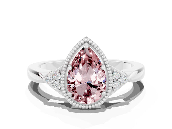 Silver Pear Cut Morganite Halo Ring with Tapered Band and Four-Prong Setting