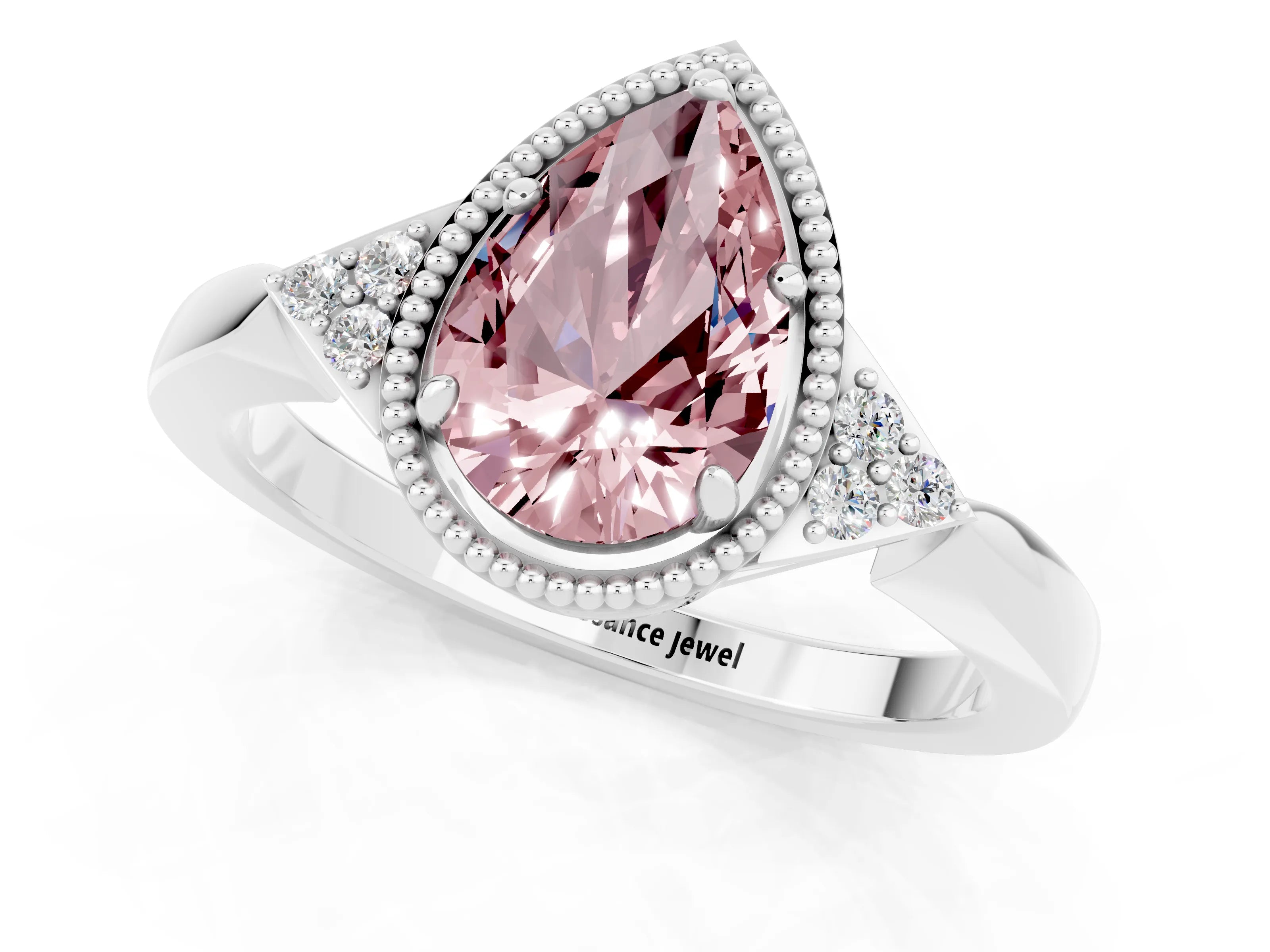 White gold Pear Cut Morganite Halo Ring with Tapered Band and Four-Prong Setting_1