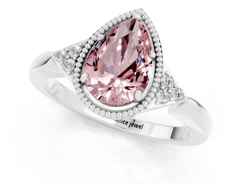 White gold Pear Cut Morganite Halo Ring with Tapered Band and Four-Prong Setting_1