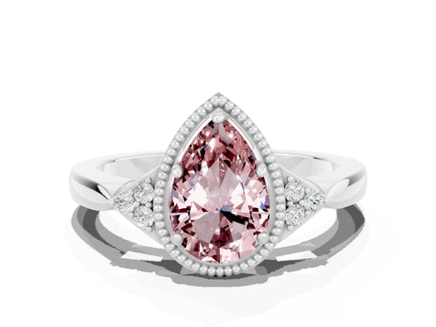 White gold Pear Cut Morganite Halo Ring with Tapered Band and Four-Prong Setting