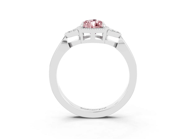 Silver Pear Cut Morganite Halo Ring with Tapered Band and Four-Prong Setting