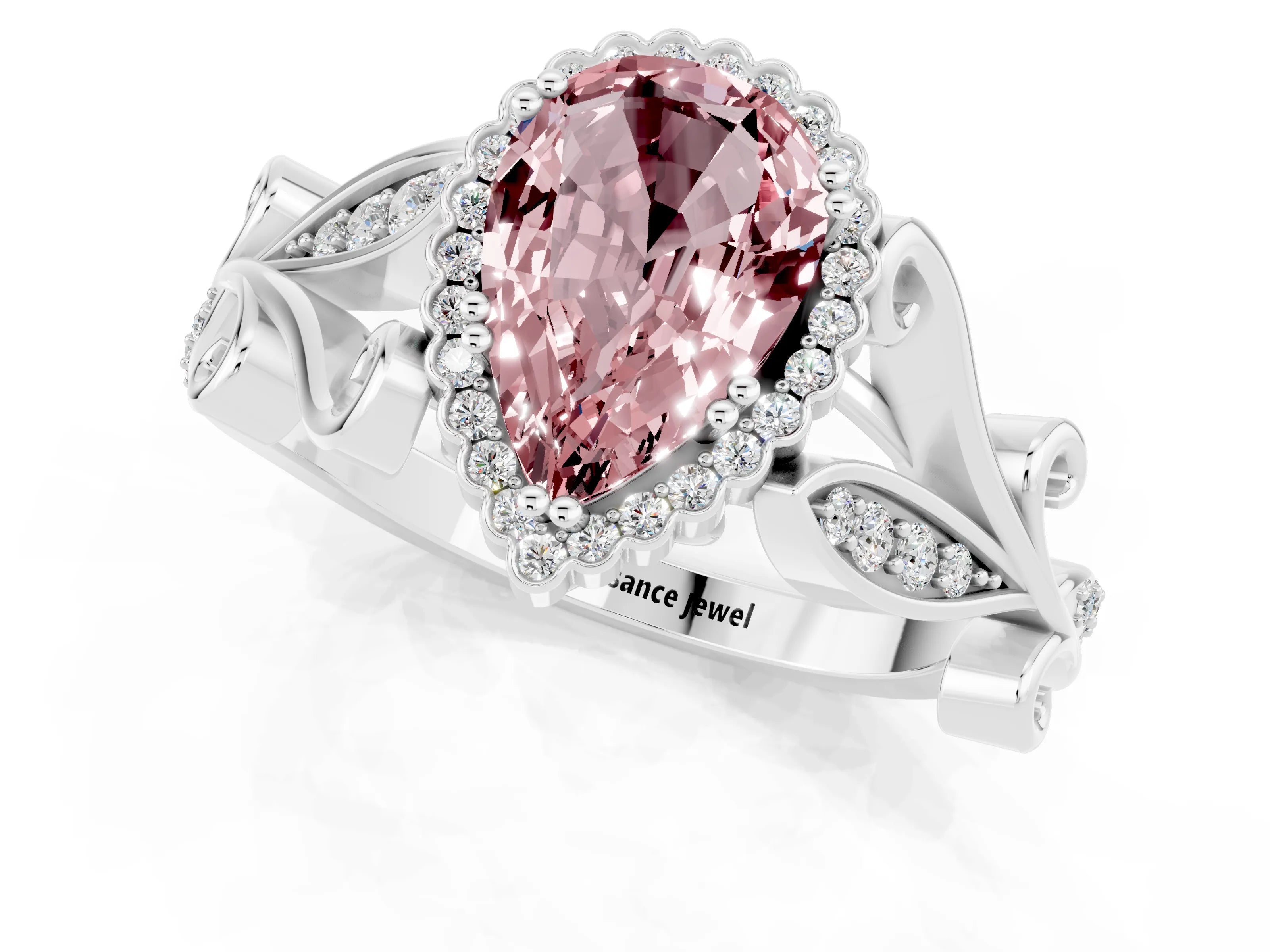 White gold Pear Cut Morganite Halo Ring with Vintage Split Shank and Four-Prong Setting_1
