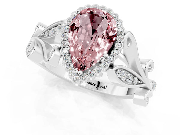 White gold Pear Cut Morganite Halo Ring with Vintage Split Shank and Four-Prong Setting