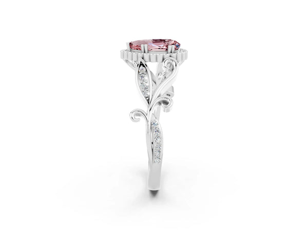 Silver Pear Cut Morganite Halo Ring with Vintage Split Shank and Four-Prong Setting