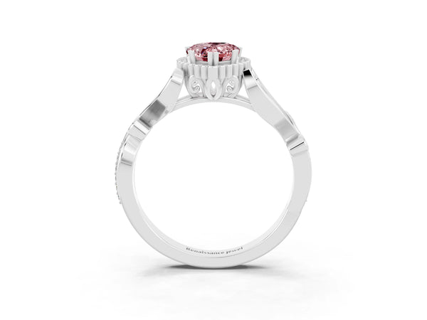 Silver Pear Cut Morganite Halo Ring with Vintage Split Shank and Four-Prong Setting