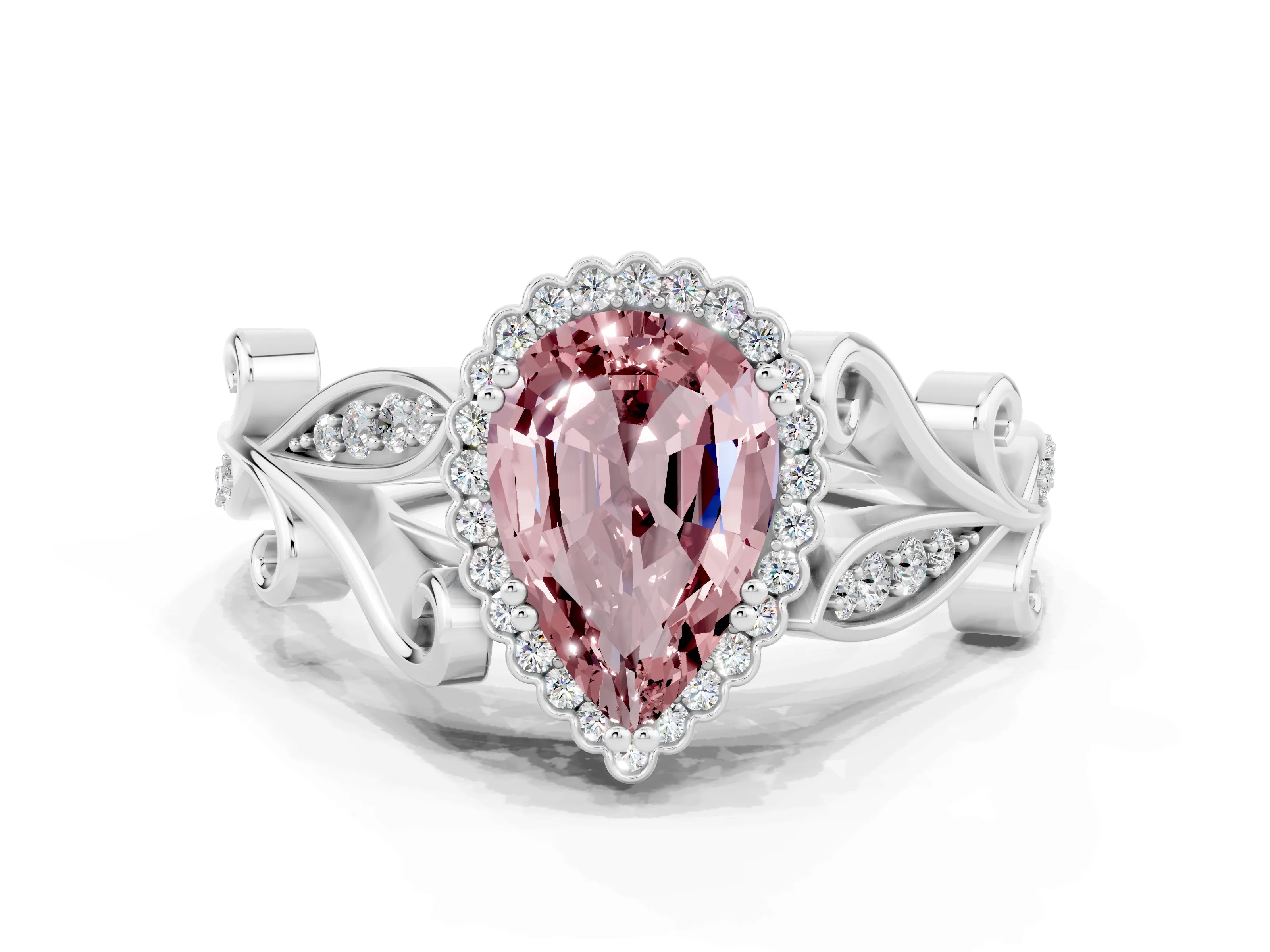 White gold Pear Cut Morganite Halo Ring with Vintage Split Shank and Four-Prong Setting