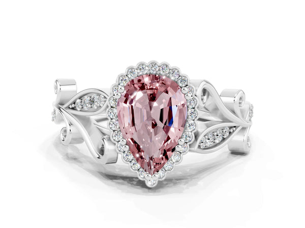 Silver Pear Cut Morganite Halo Ring with Vintage Split Shank and Four-Prong Setting