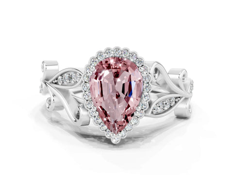 White gold Pear Cut Morganite Halo Ring with Vintage Split Shank and Four-Prong Setting